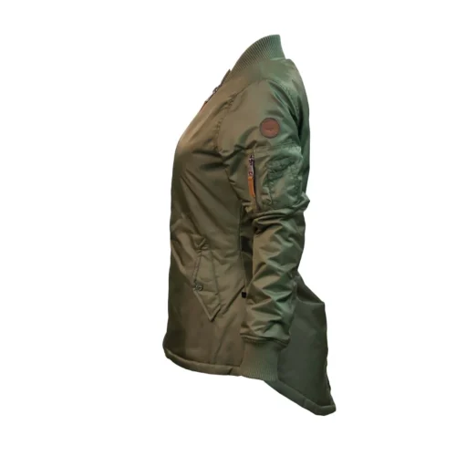Miss Top Gun Women's Longline Bomber Olive Satin Jacket - Image 4