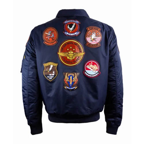 Top Gun Atlantic Fleet Shearling Bomber Navy Satin Jacket - Image 4