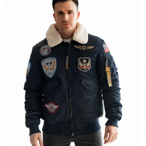 Top Gun Coronado Shearling Bomber Navy Satin Jacket