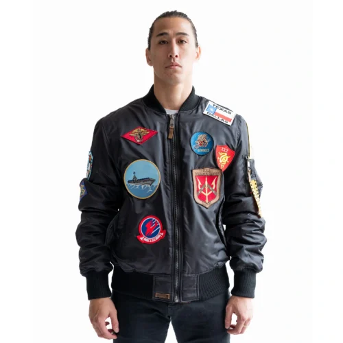 Top Gun MA-1 Official Patches Bomber Black Satin Jacket
