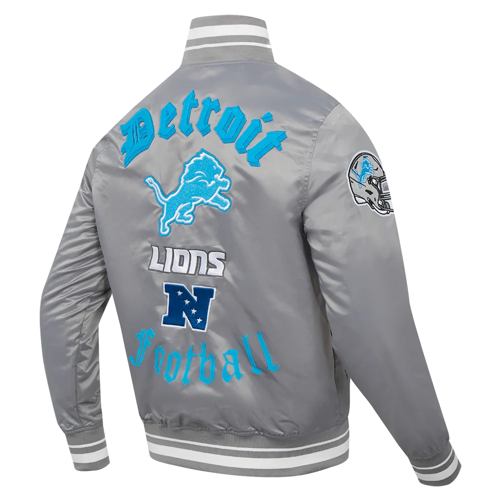 Detroit Lions Old English Full-Snap Satin Varsity Grey Jacket - Image 3