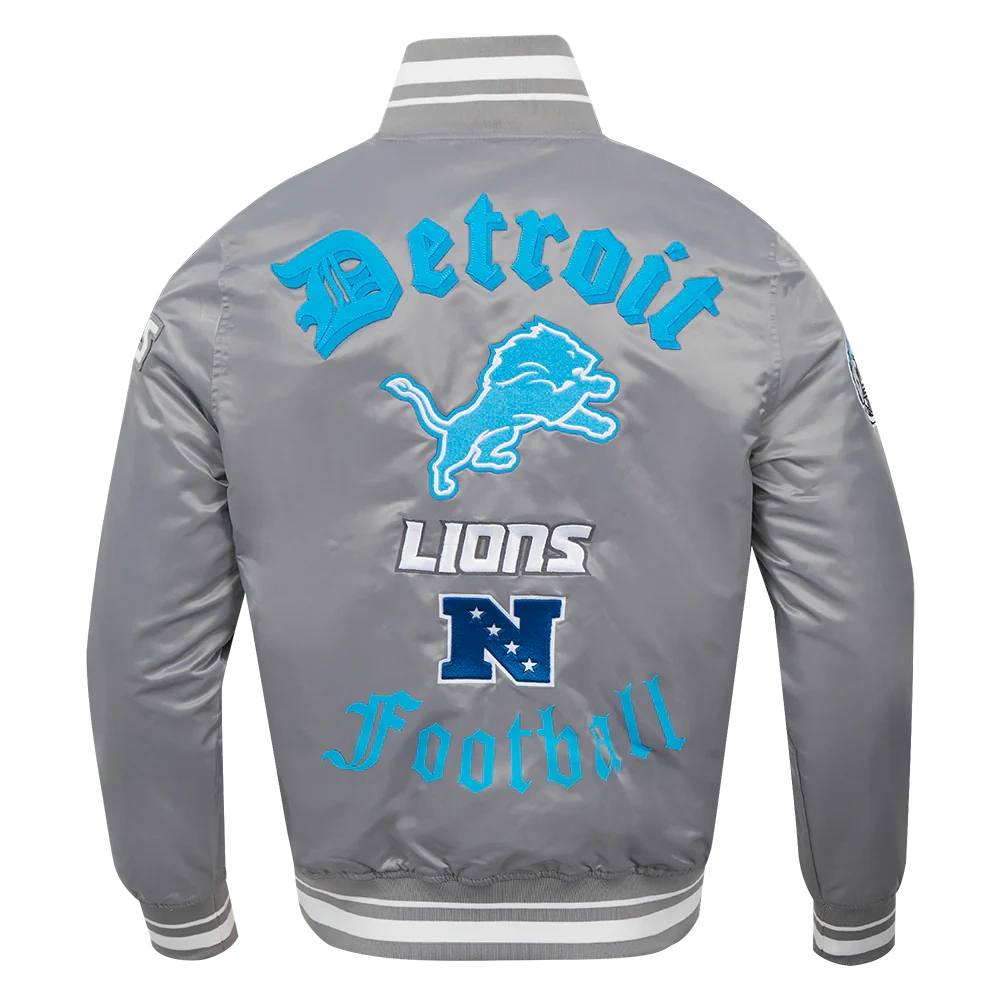 Detroit Lions Old English Full-Snap Satin Varsity Grey Jacket - Image 4