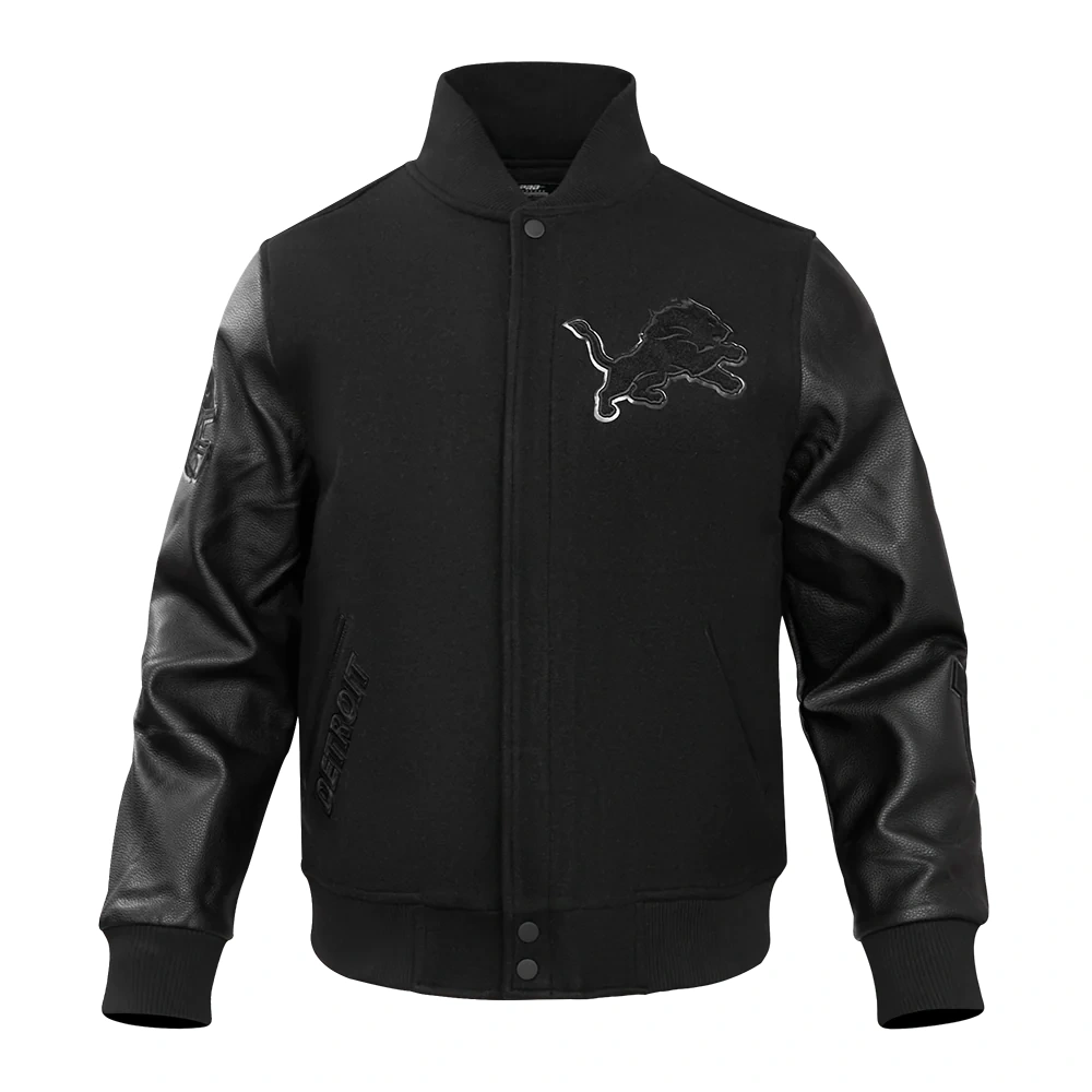 Detroit Lions Triple Black Wool & Leather Varsity Black Jacket