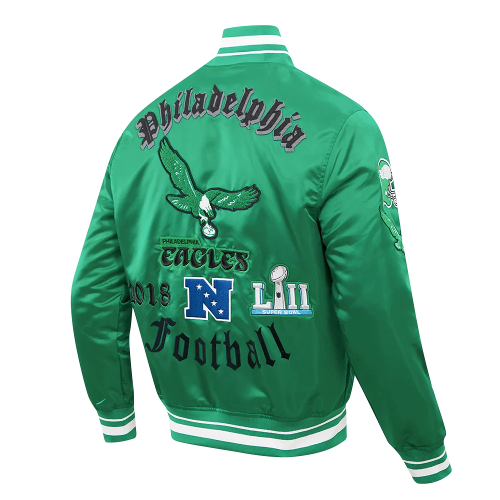 Philadelphia Eagles Old English Full-Snap Satin Varsity Green Jacket - Image 3