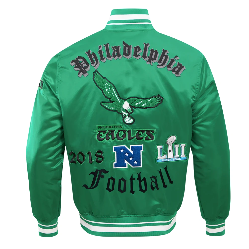 Philadelphia Eagles Old English Full-Snap Satin Varsity Green Jacket - Image 4