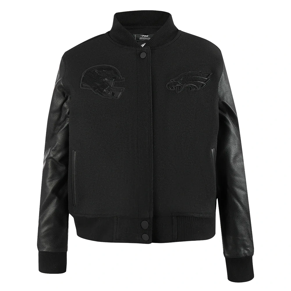 Women's Philadelphia Eagles Triple Black Wool & Leather Varsity Black Jacket