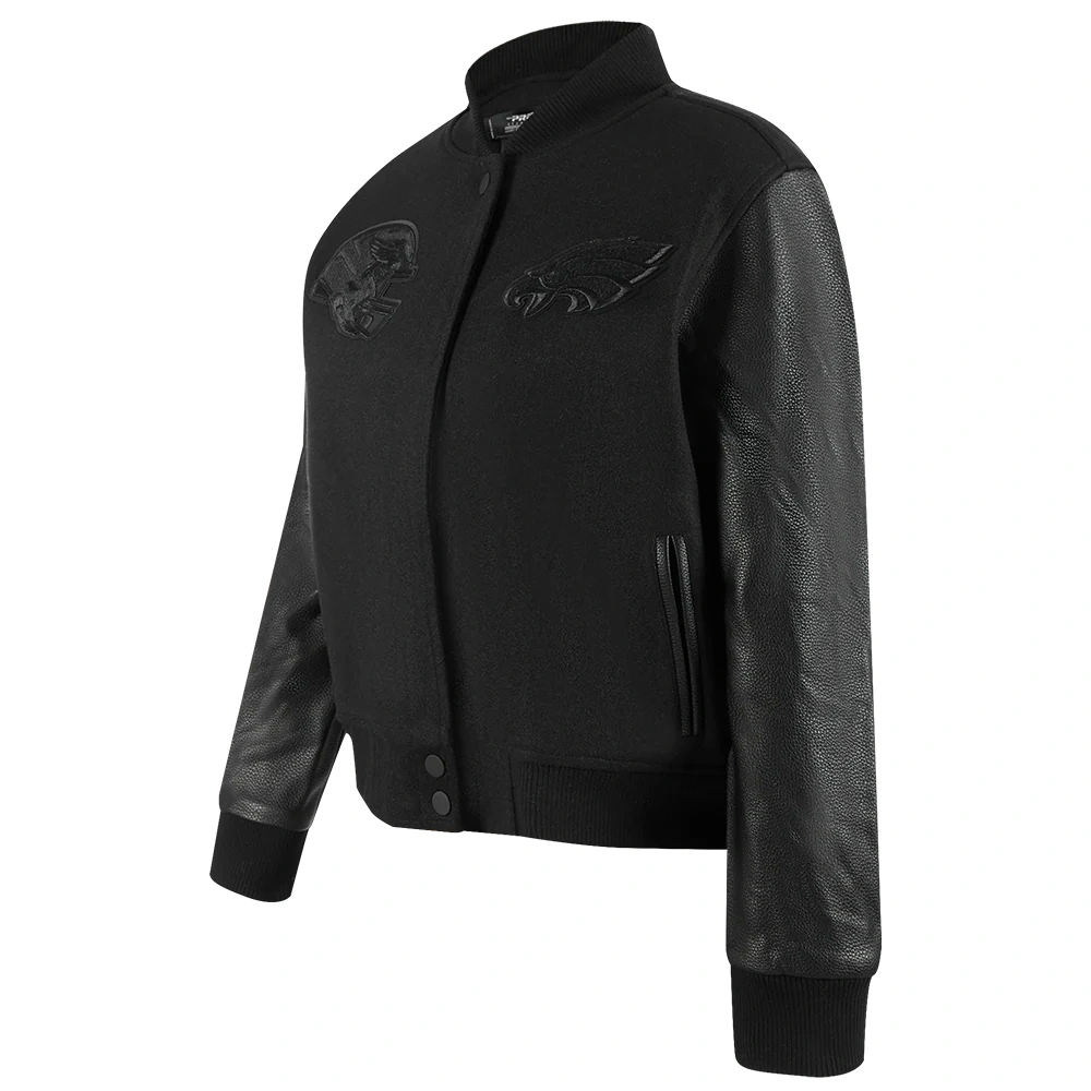 Alternative view of Women's Philadelphia Eagles Triple Black Wool & Leather Varsity Black Jacket