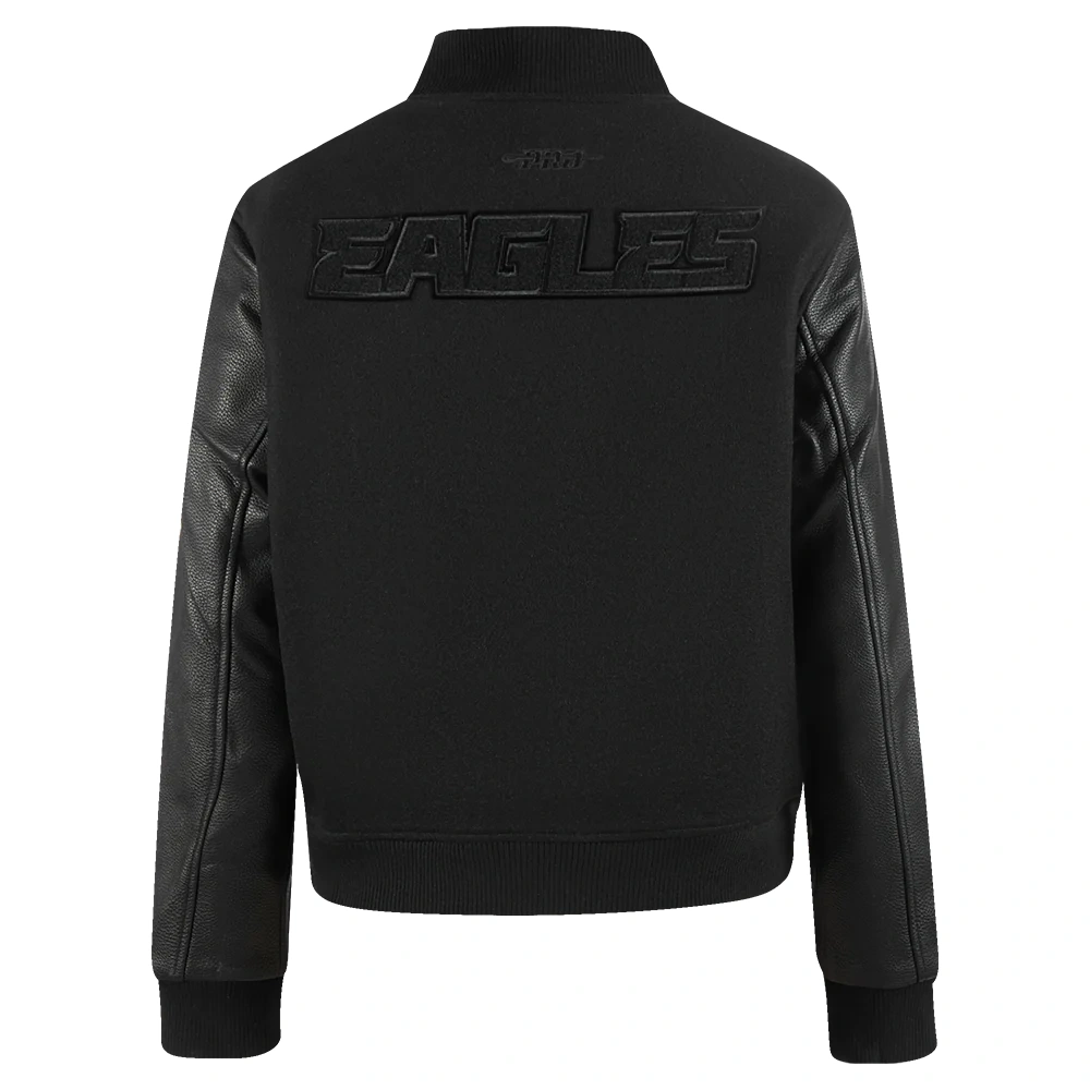 Women's Philadelphia Eagles Triple Black Wool & Leather Varsity Black Jacket - Image 4
