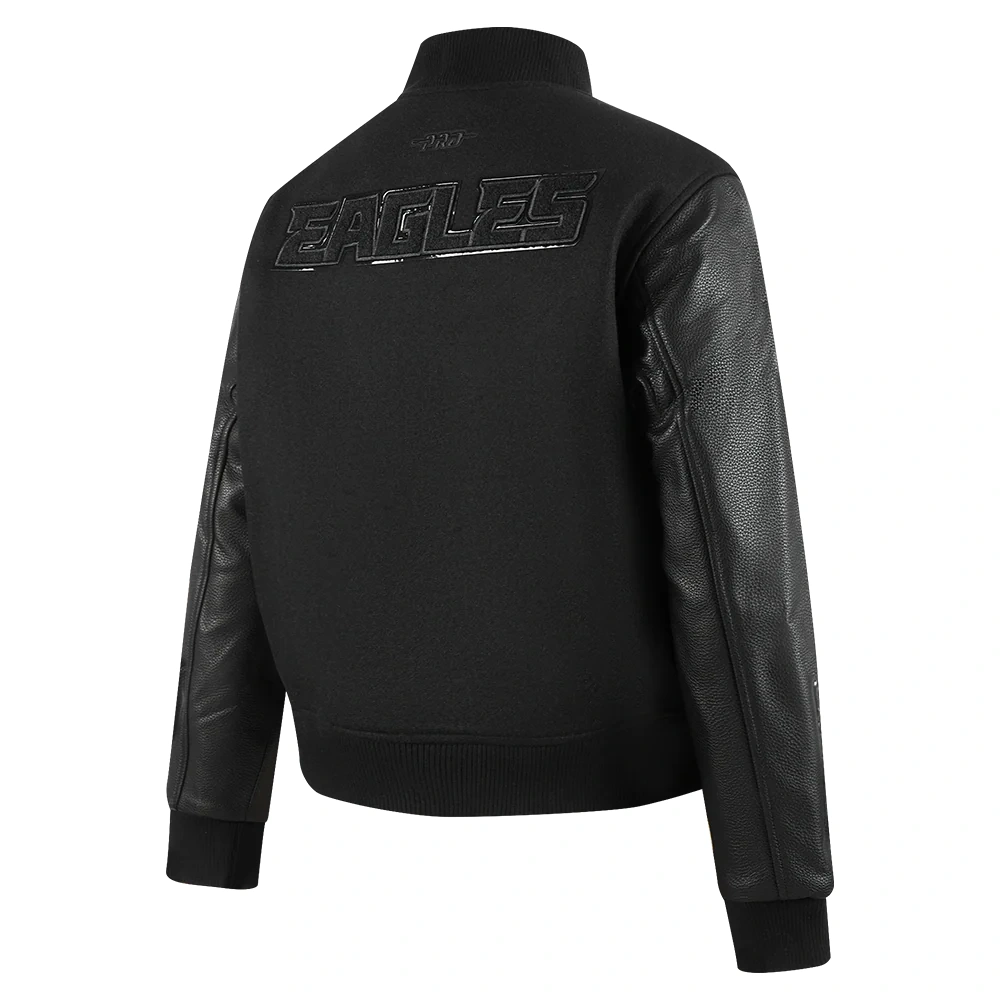 Women's Philadelphia Eagles Triple Black Wool & Leather Varsity Black Jacket - Image 3