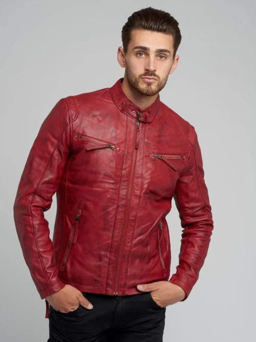 Dean Red Cafe Racer Lambskin Leather Jacket