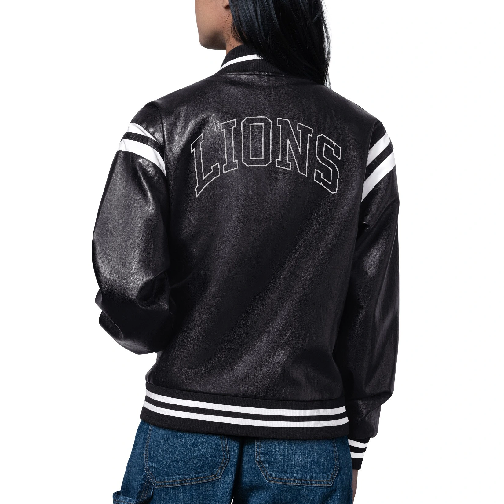 Alternative view of Detroit Lions Starter Women's High Heat Vegan Leather Full-snap Varsity Jacket - Black