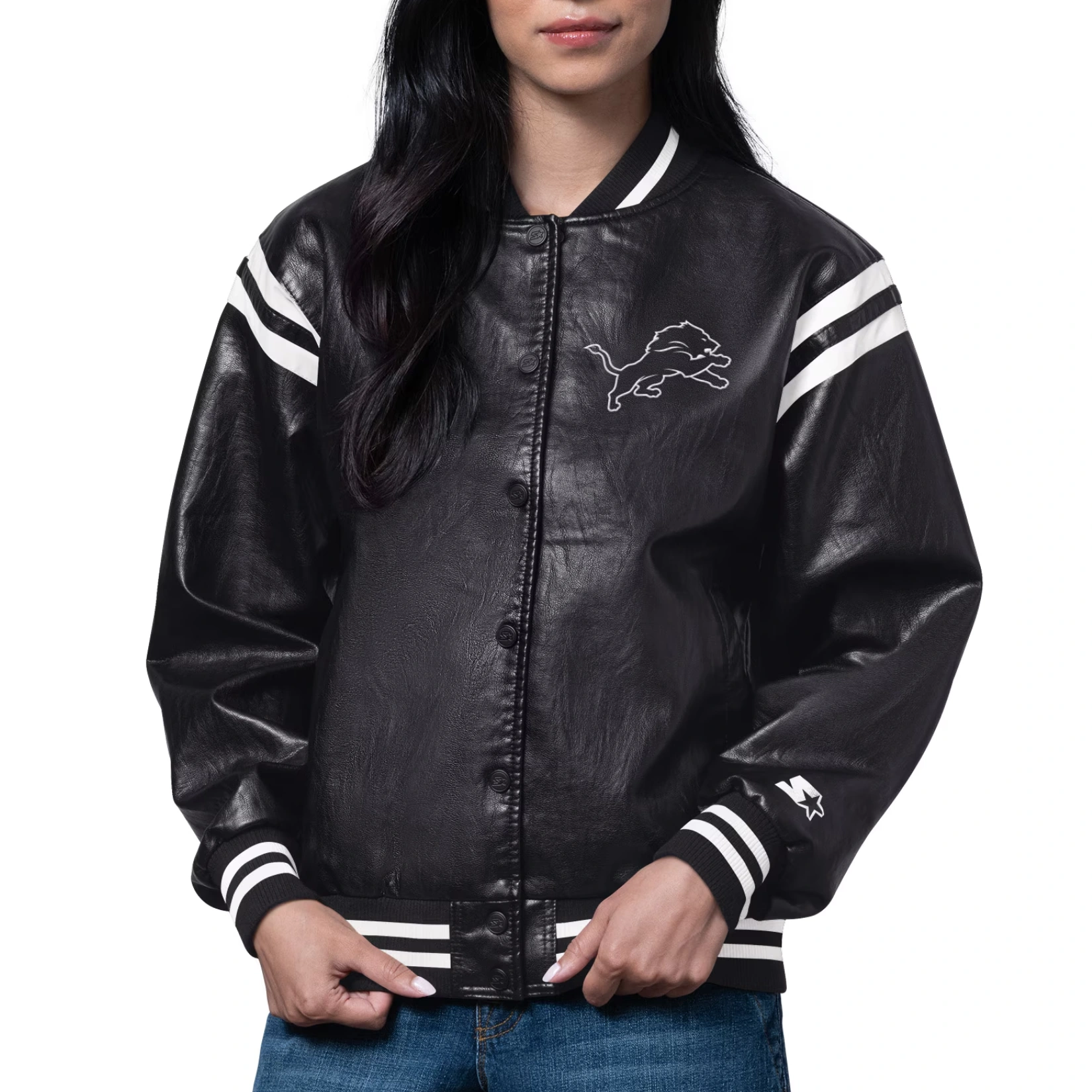 Detroit Lions Starter Women's High Heat Vegan Leather Full-snap Varsity Jacket - Black