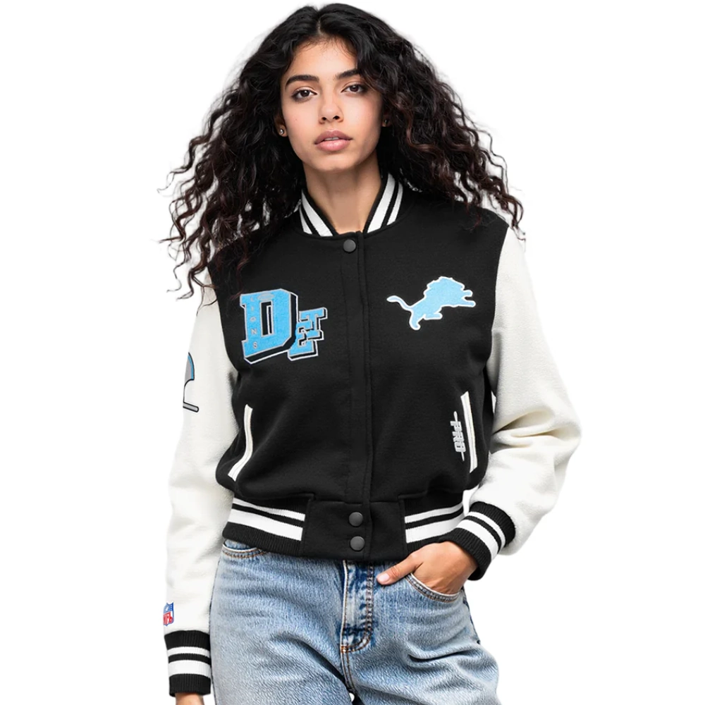 NFL Detroit Lions Best Of Women's Cropped Black Wool Varsity Jacket - Image 3