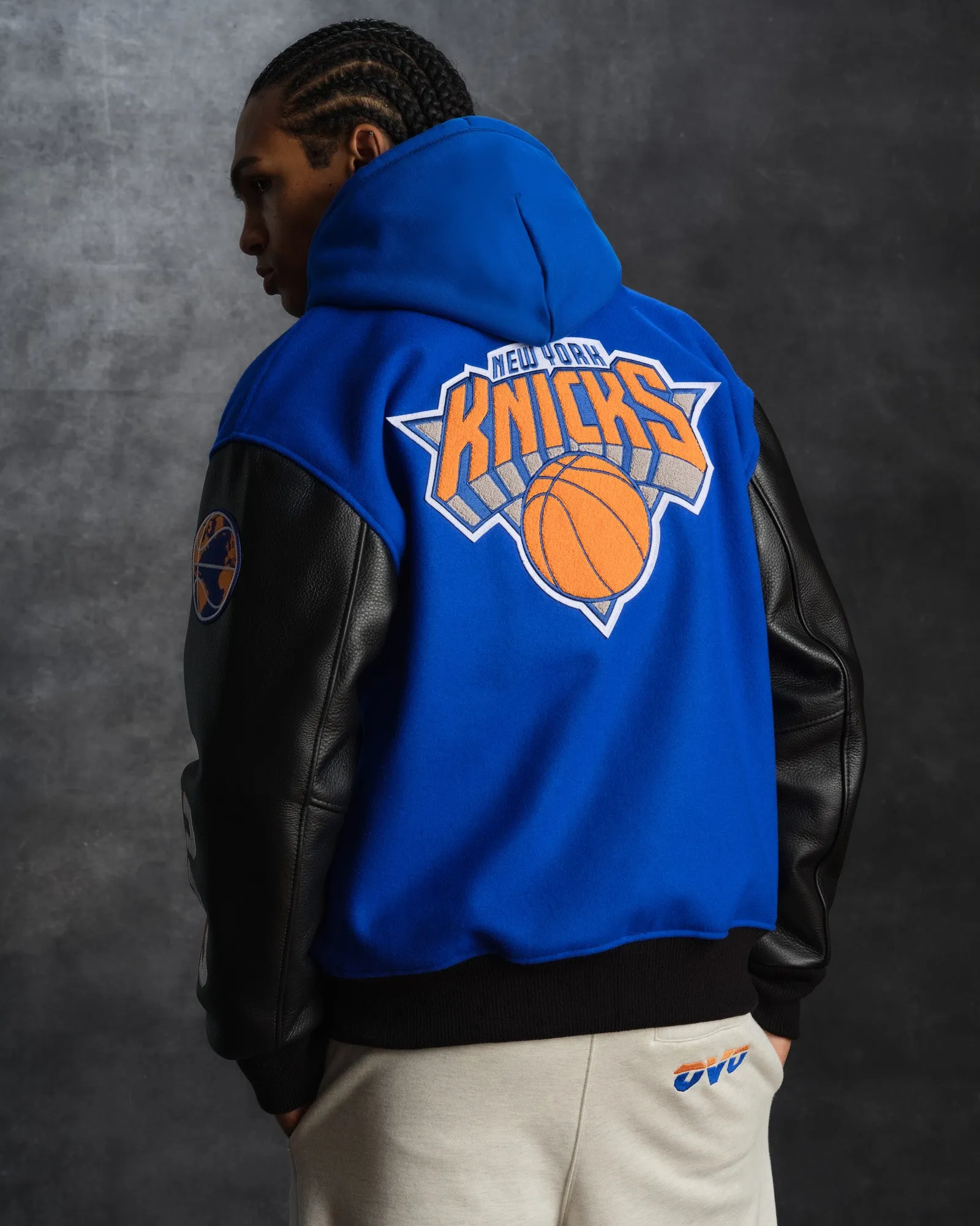 New York Knicks OVO X NBA Wool & Leather Varsity Jacket - Image 4