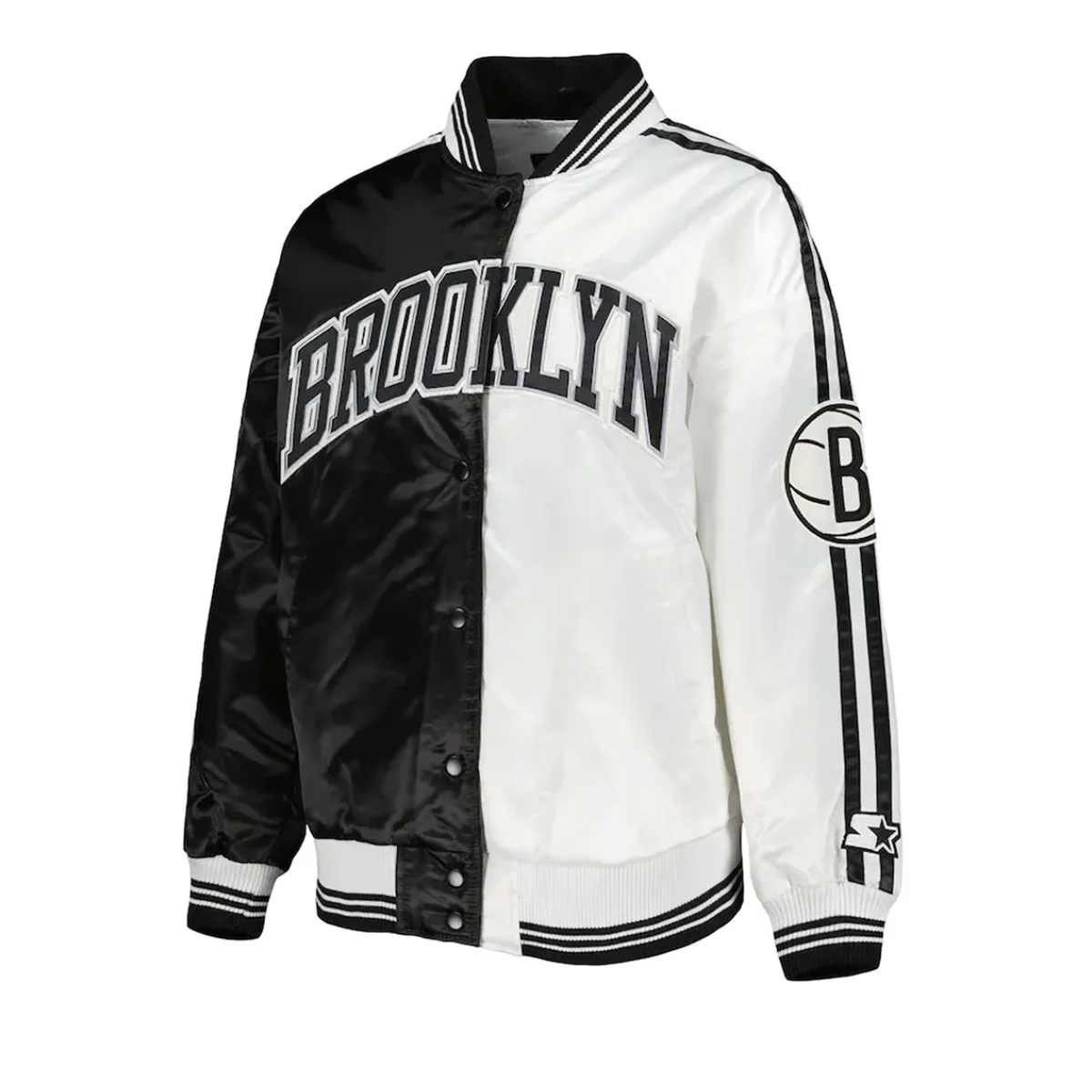 Womens Brooklyn Nets Split Colorblock Black and White Satin Jacket