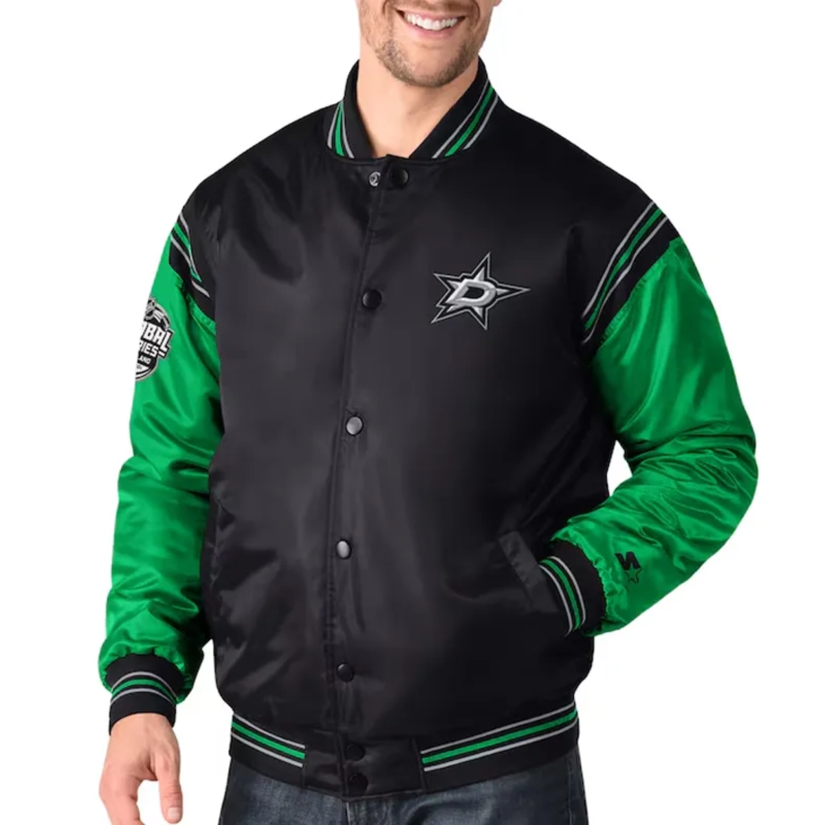 Dallas Stars 2024 Global Series Black Satin Varsity Jacket