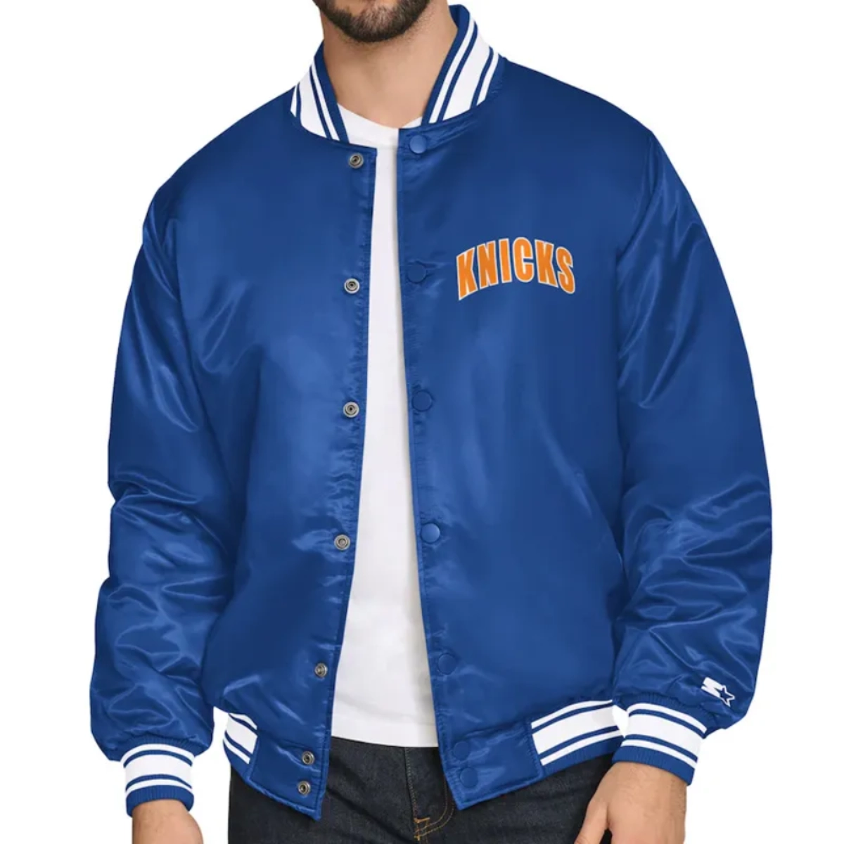 NY Knicks Logo Blue Satin Varsity Jacket