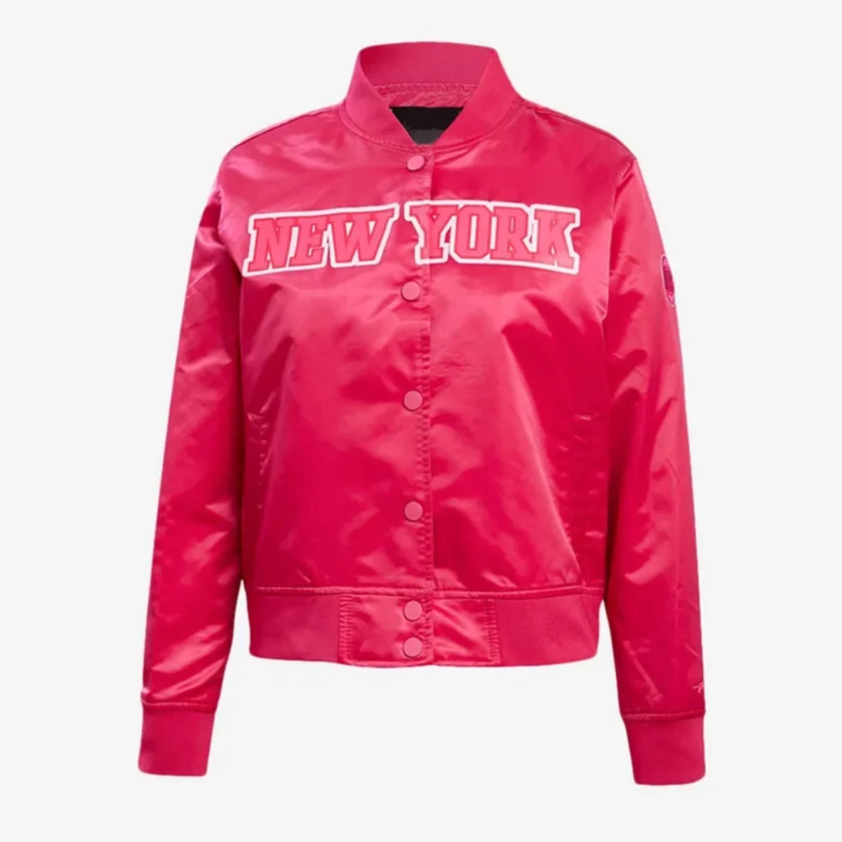 Womens New York Knicks Triple Pink Satin Varsity Jacket