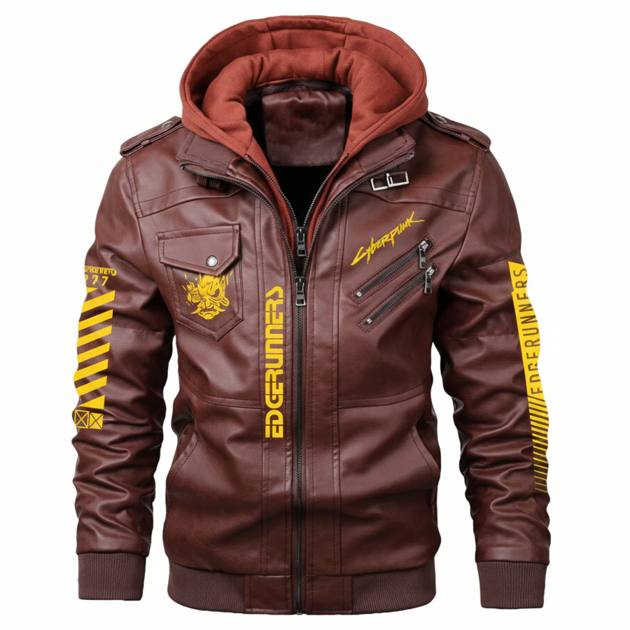 Cyberpunk Edgerunners Maroon Hooded Leather Jacket
