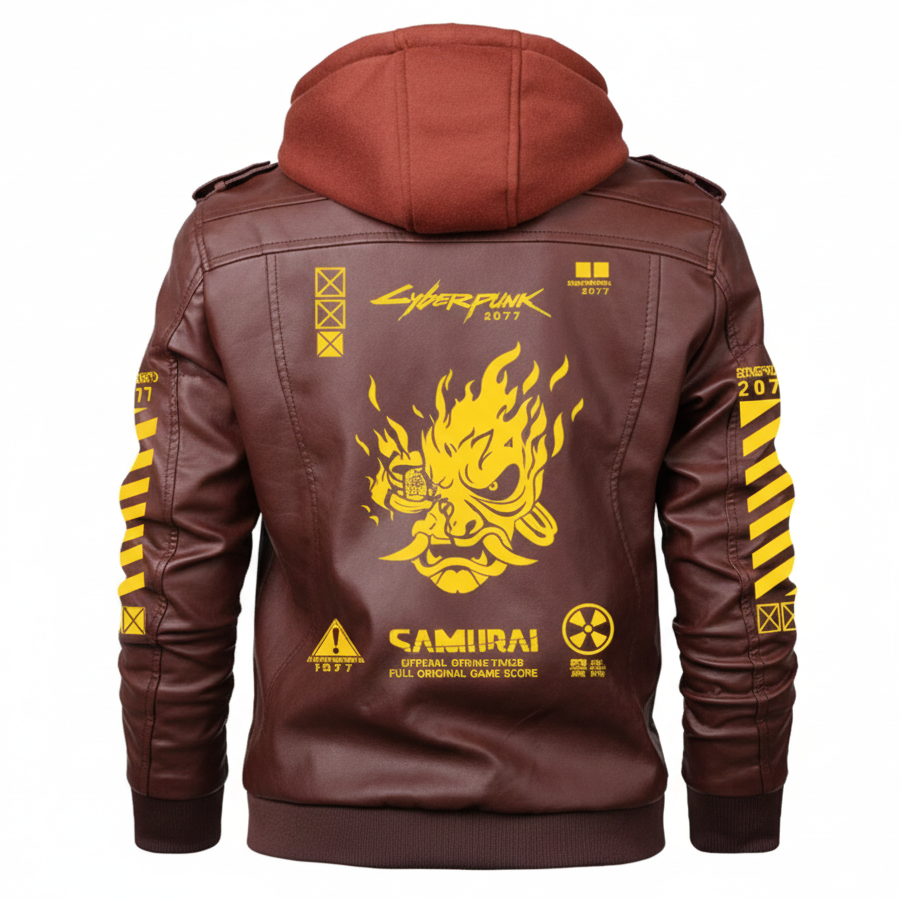 Alternative view of Cyberpunk Edgerunners Maroon Hooded Leather Jacket