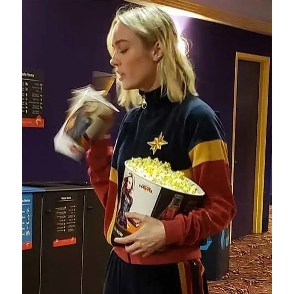 captain marvel brie larson theater blue jacket