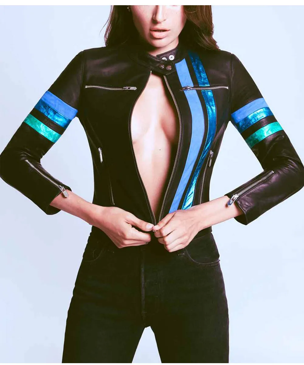 Take Two Rachel Bilson Striped Black Leather Jacket - Image 3