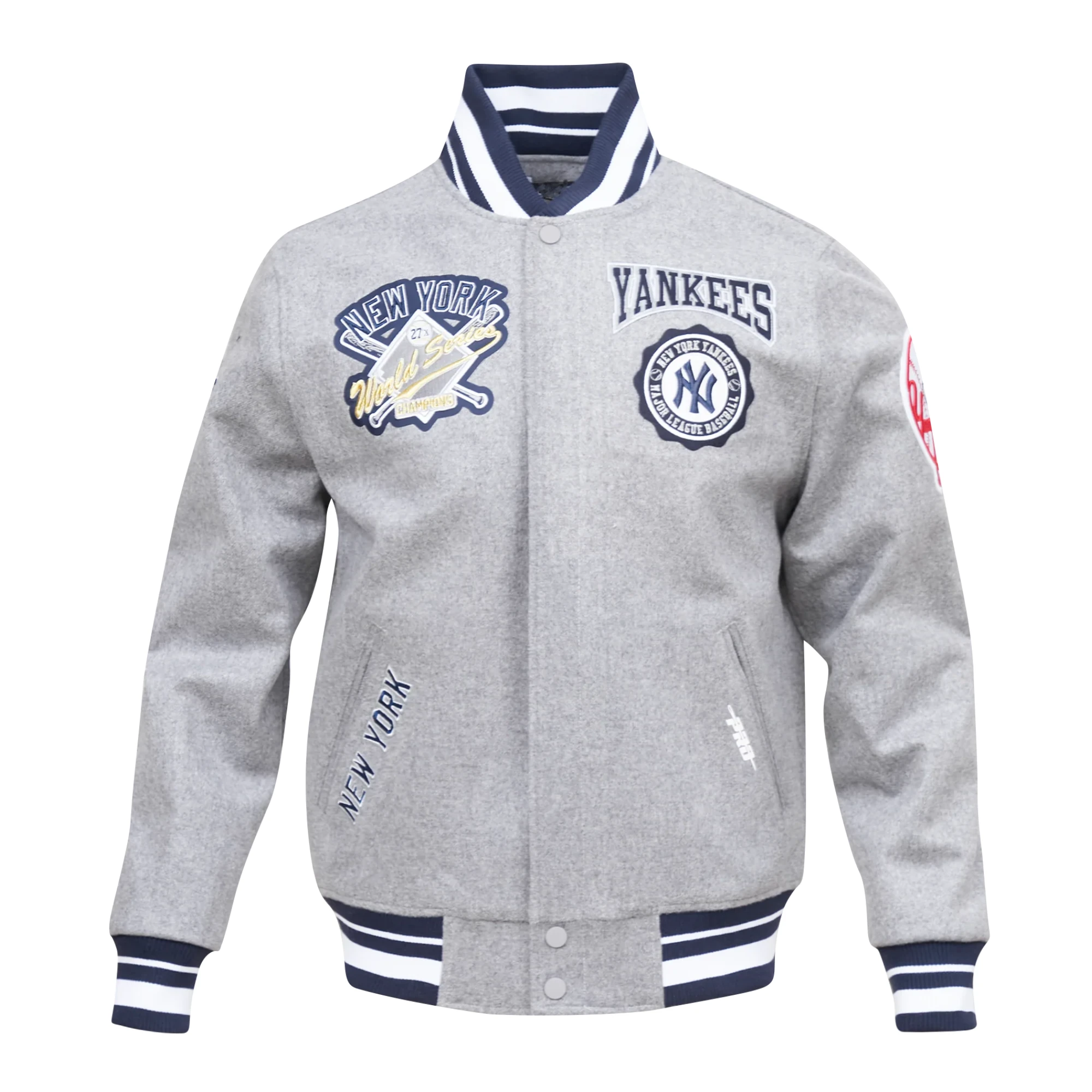 New york yankees crest emblem grey wool varsity jacket 1